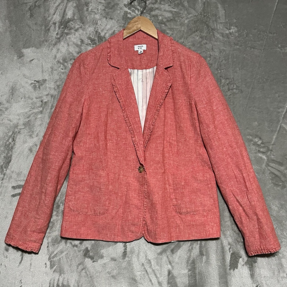 Crown And Ivy Womens 10 Linen Blend Blazer‎ Pink Coastal Resortwear Officecore
